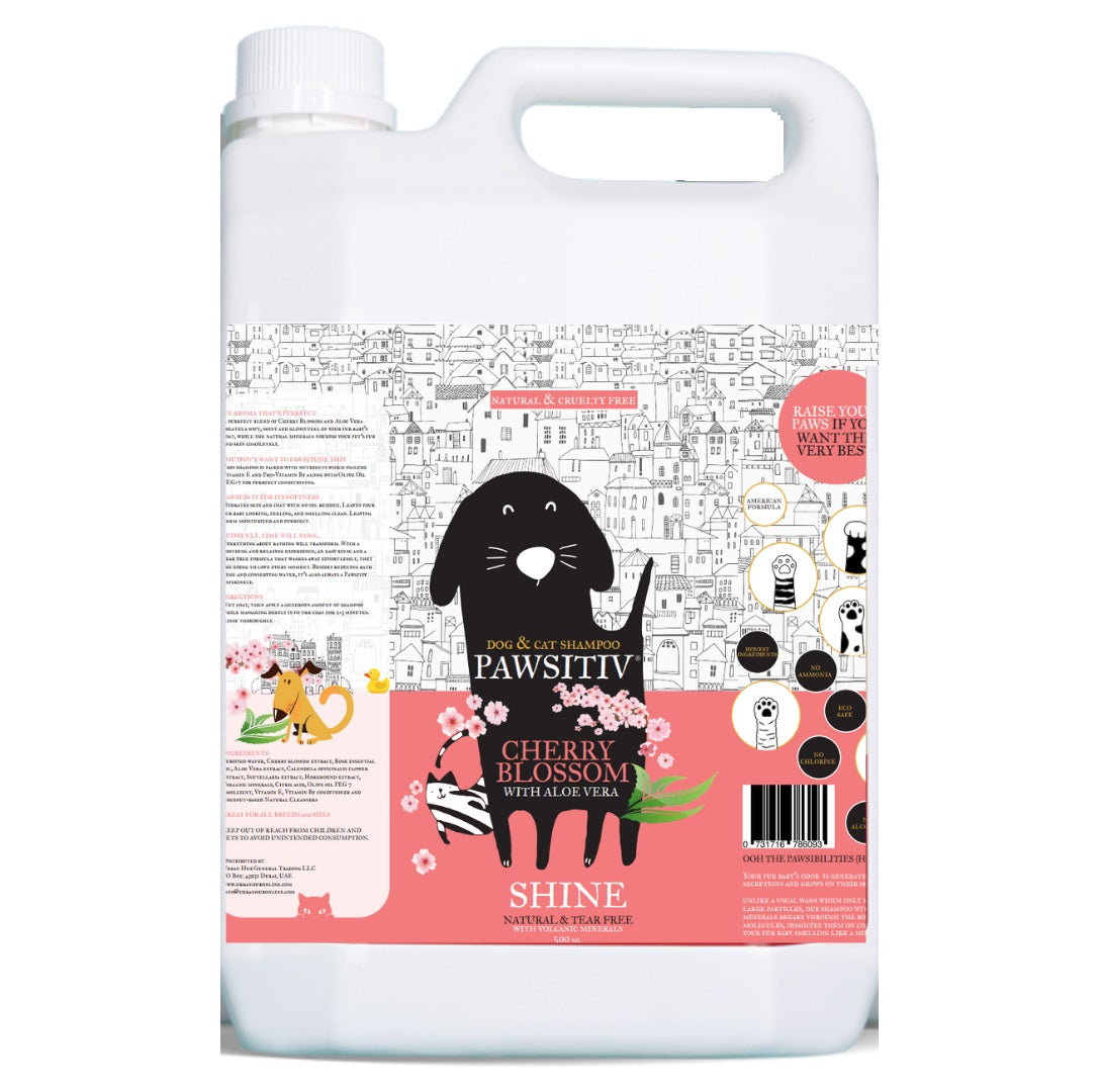 Pawsitiv Natural and Tearless Shampoo for Dogs & Cats - Cherry Blossom with Aloe Vera - Glow Formula (SHINE) - 1 GALLON