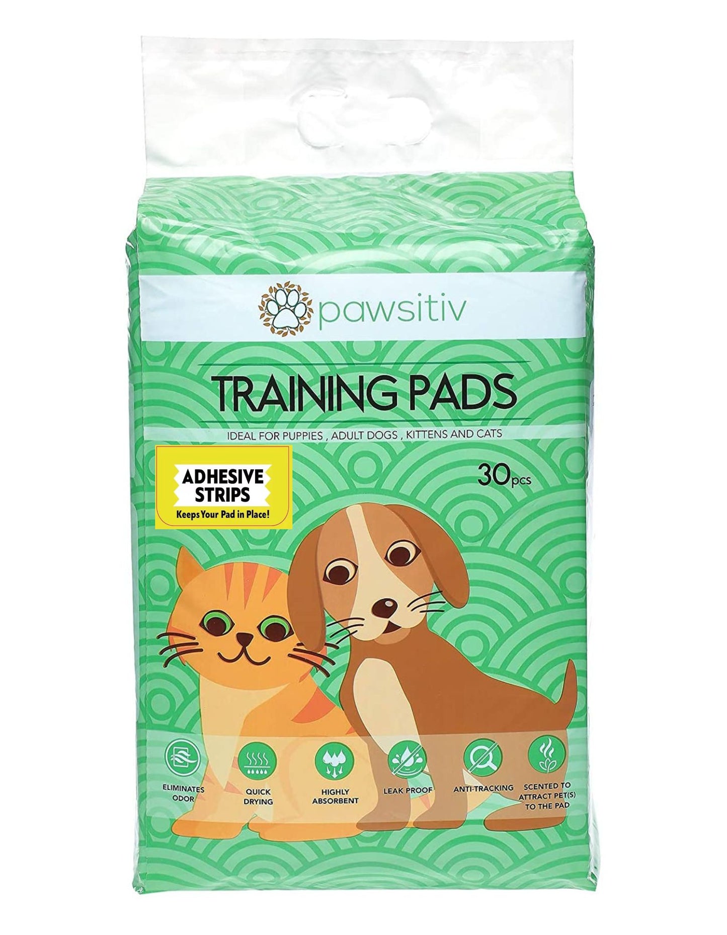 Pawsitiv Multifunctional Training and Pee Pads For Puppy, Kitten, Dog and Cat with ADHESIVE STRIPS- 30pcs Unscented (0714651971625)