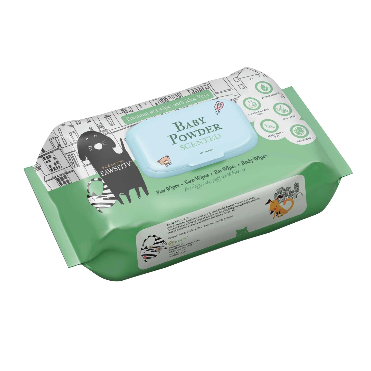 Pawsitiv Pet Wipes for Cats and Dogs - Baby Powder Scented (0731716786253)