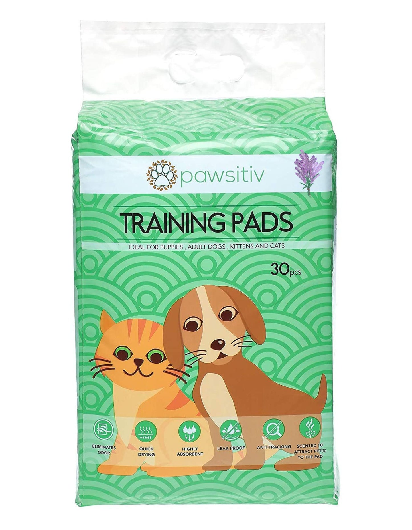 Pawsitiv Multifunctional Training and Pee Pads For Puppy, Kitten, Dog and Cat - 30pcs Lavender Scented (0606682842237)