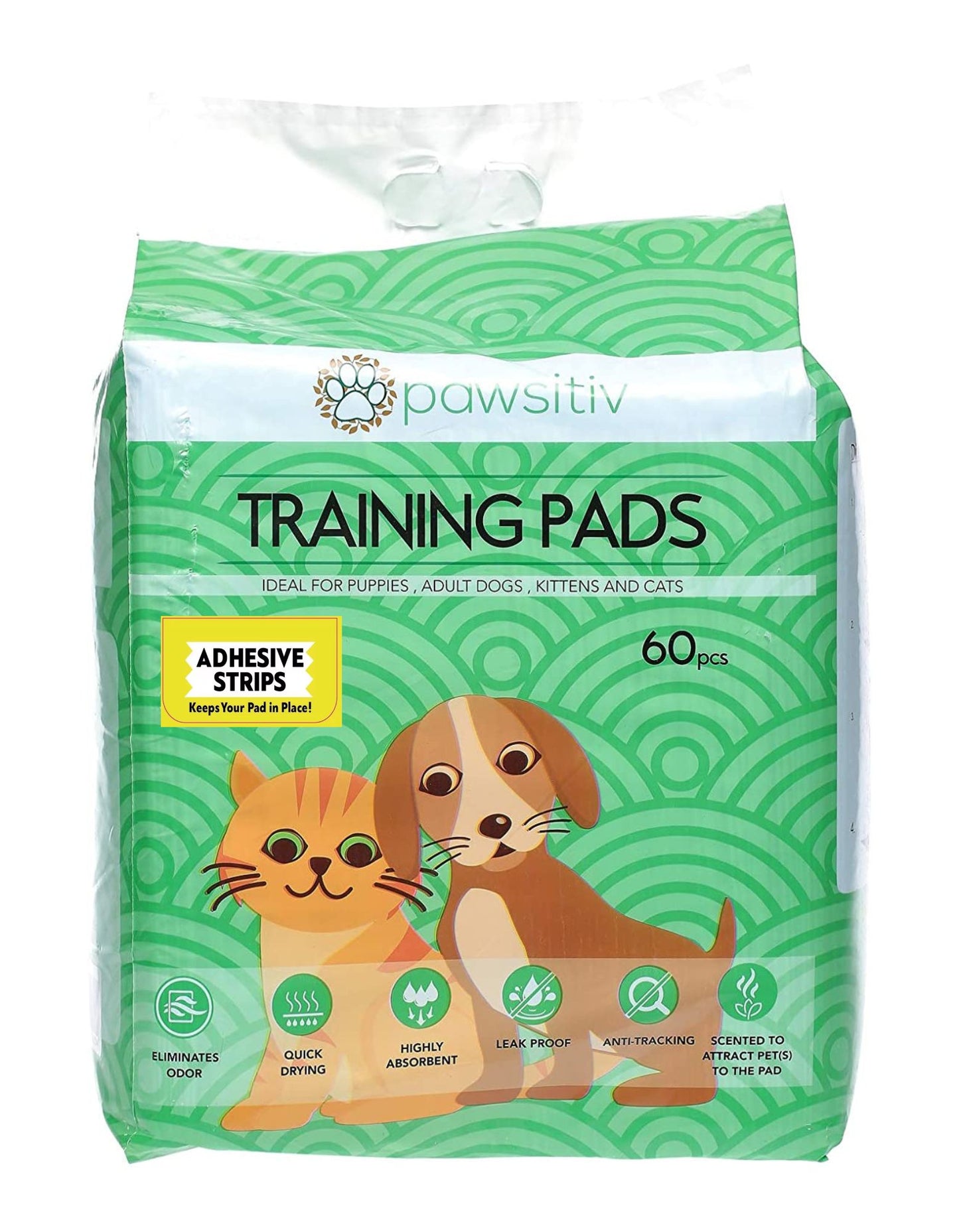 Pawsitiv Multifunctional Training and Pee Pads For Puppy, Kitten, Dog and Cat with ADHESIVE STRIPS - 60pcs Unscented (0714651971632)