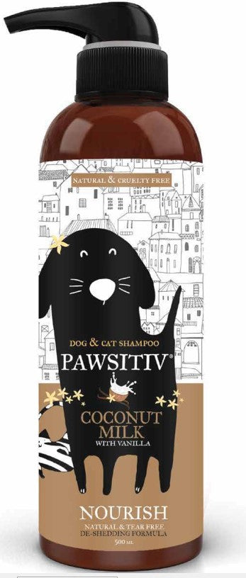 SALE: Pawsitiv Natural and Tearless Shampoo for Dogs & Cats - Coconut Milk with Vanilla - DeShedding Formula (NOURISH) - 500ml
