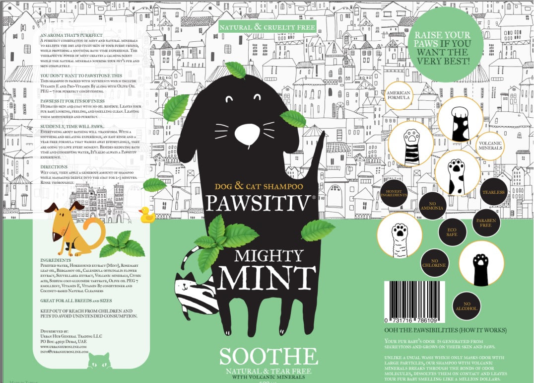 Pawsitiv Natural and Tearless Shampoo for Dogs & Cats - Mighty Mint - Healing Formula (SOOTHE) - Gallon
