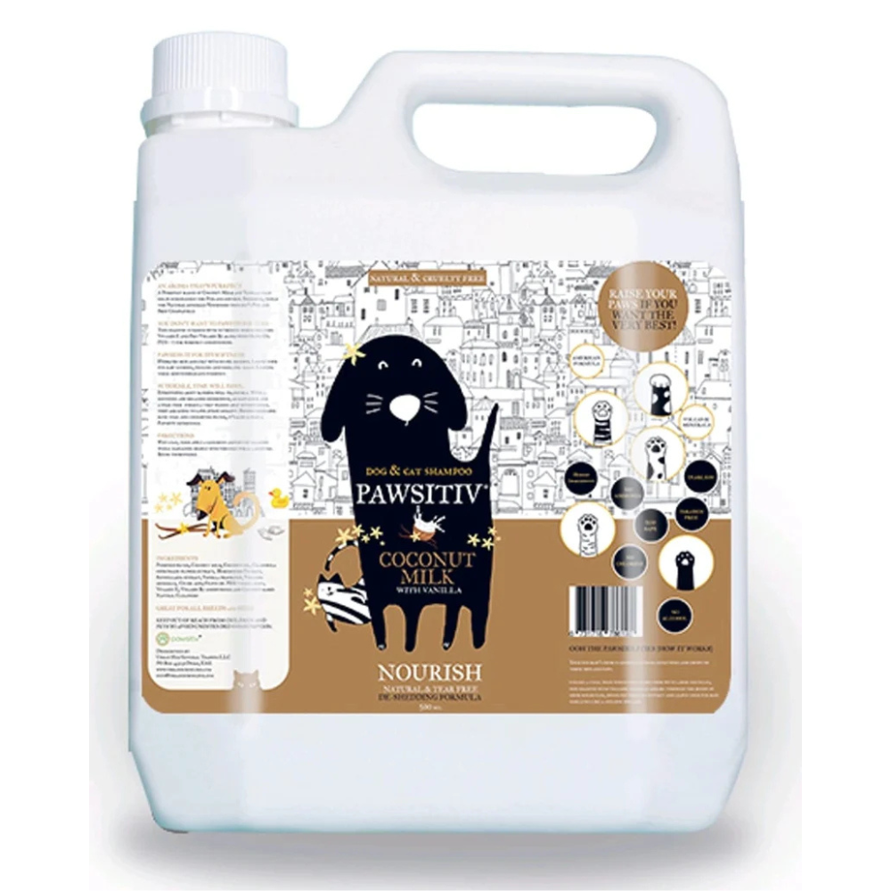 Pawsitiv Natural and Tearless Shampoo for Dogs & Cats - Coconut Milk with Vanilla - DeShedding Formula (NOURISH) - 1 Gallon (602003756597)