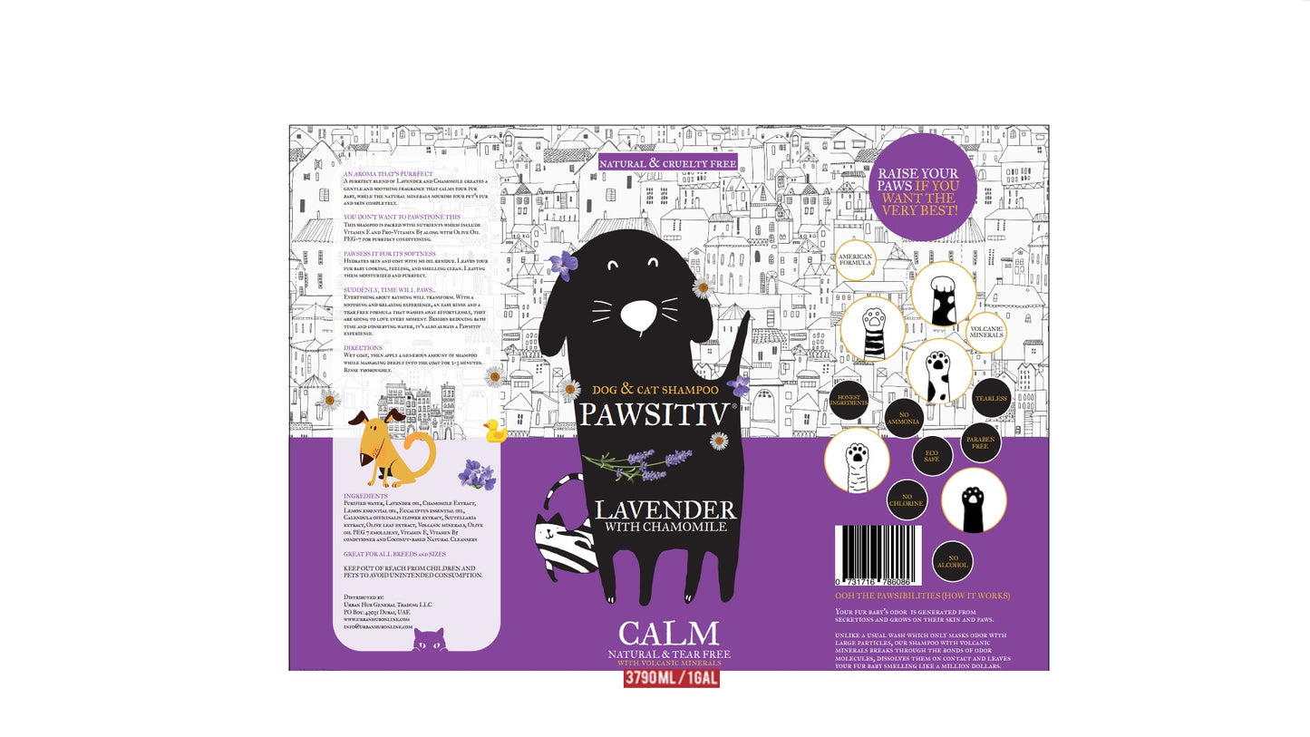 Pawsitiv Natural and Tearless Shampoo for Dogs & Cats - Lavender with Chamomile - Relaxing Formula (CALM) - 1 GALLON